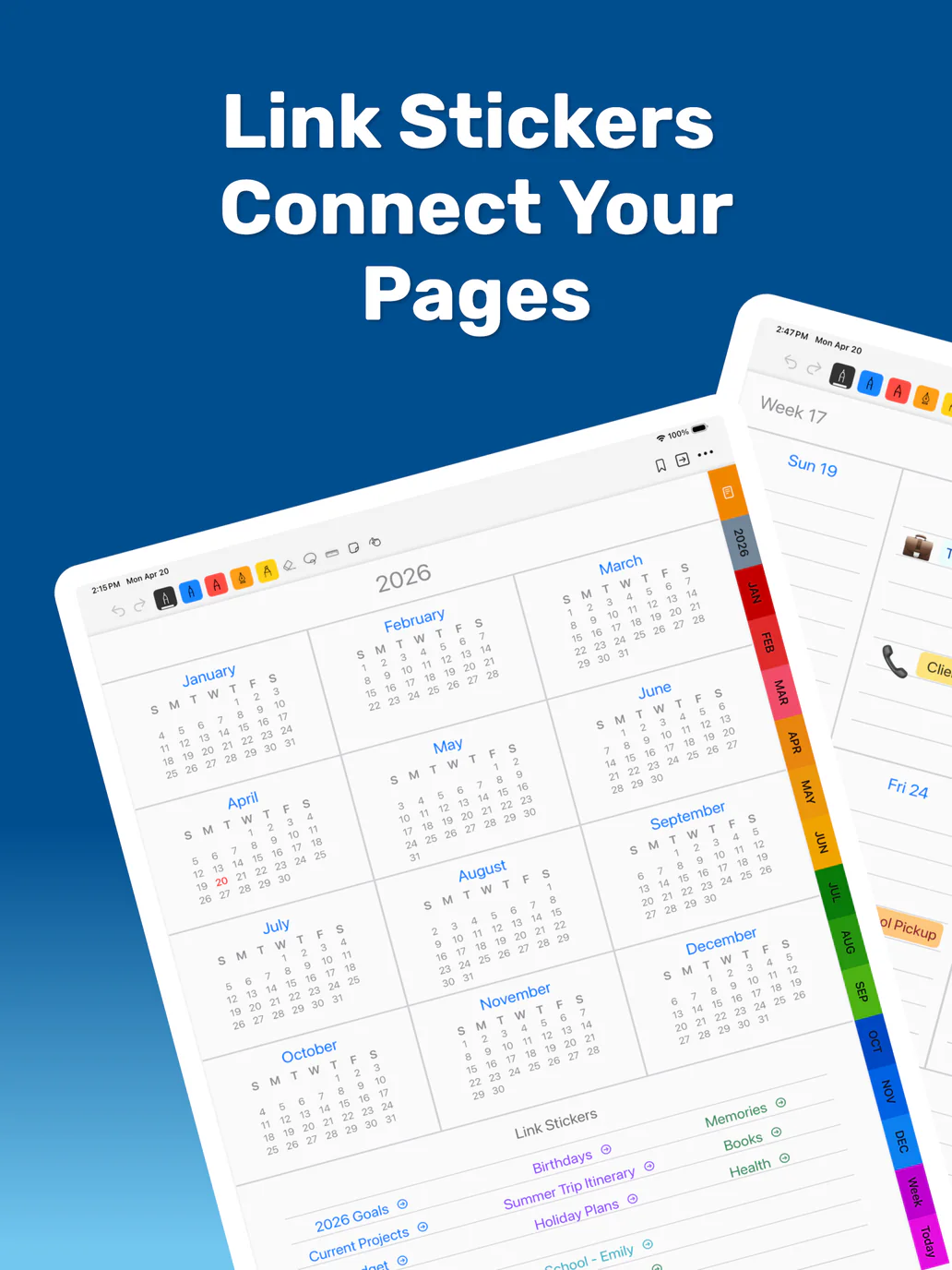 PencilTime Year and Week pages connected with colorful Page Links
